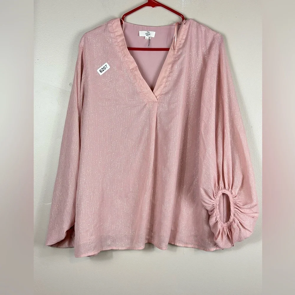 Entro large vneck pink/ gold 21 p2p 27” length shear sleeves preowned - Picture 3 of 7